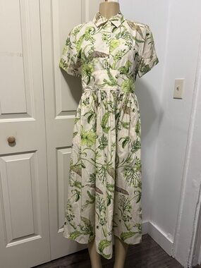 New WITH TAG Talbots Cream and Green Botanical Short-Sleeve Midi Dress